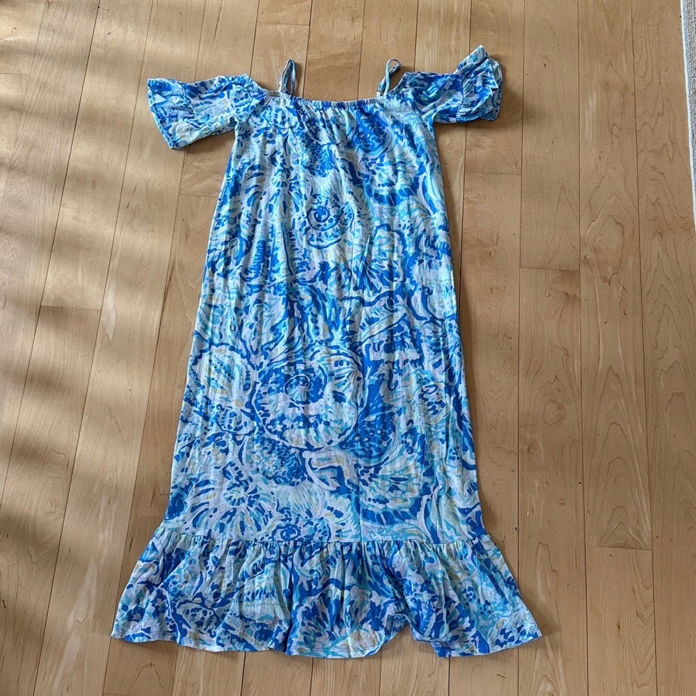 Lilly Pulitzer Girls Blue & White Off-Shoulder Maxi Dress